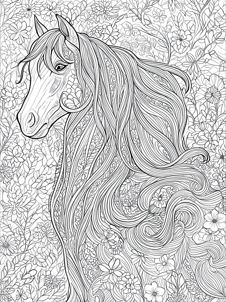 Detailed line art of horse with flowing mane amid flowers