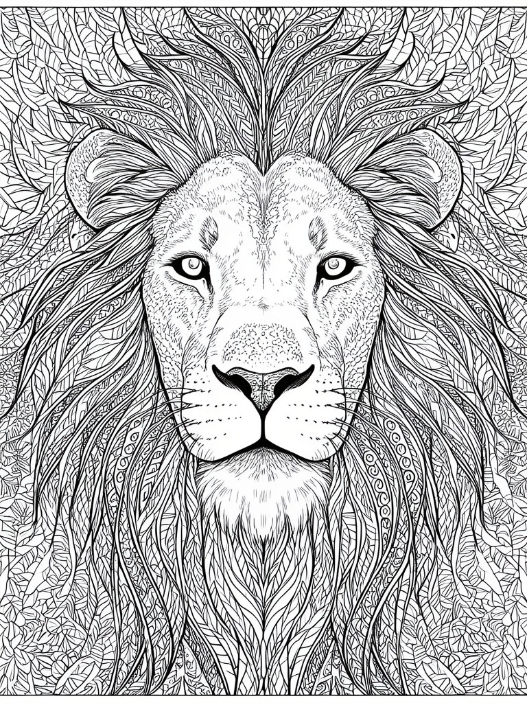 A black and white zentangle coloring page featuring a front-facing lion with intricate patterns throughout the mane and background.