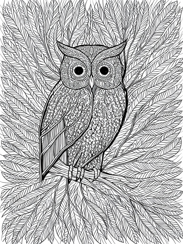 A black and white zentangle coloring page of an owl perched on a branch with many leaves filling the background.