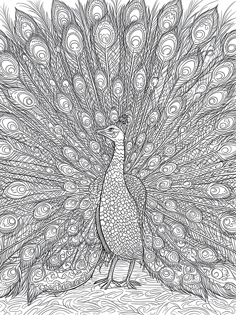 Detailed line art of a peacock with fully fanned, patterned tail feathers.