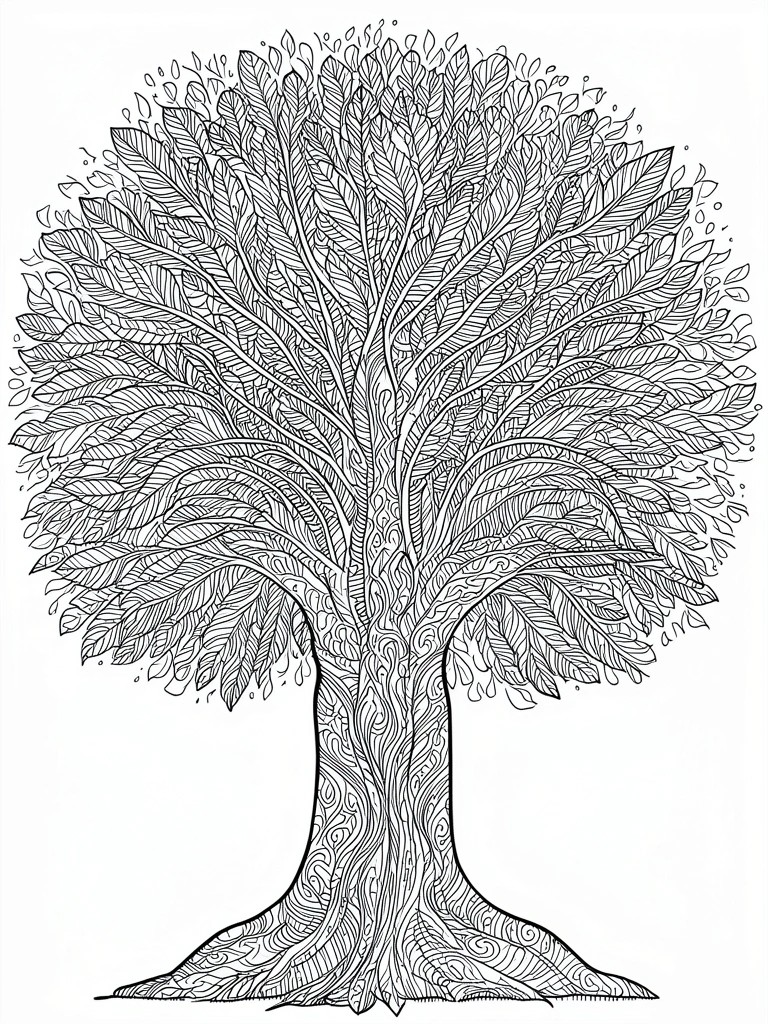 Intricate black-and-white line drawing of a leafy tree with patterned trunk and roots.