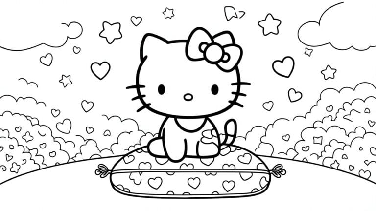 24 Sweet Hello Kitty Coloring Pages for Kawaii Coloring Time Hello Kitty sitting on a patterned cushion surrounded by hearts and stars.