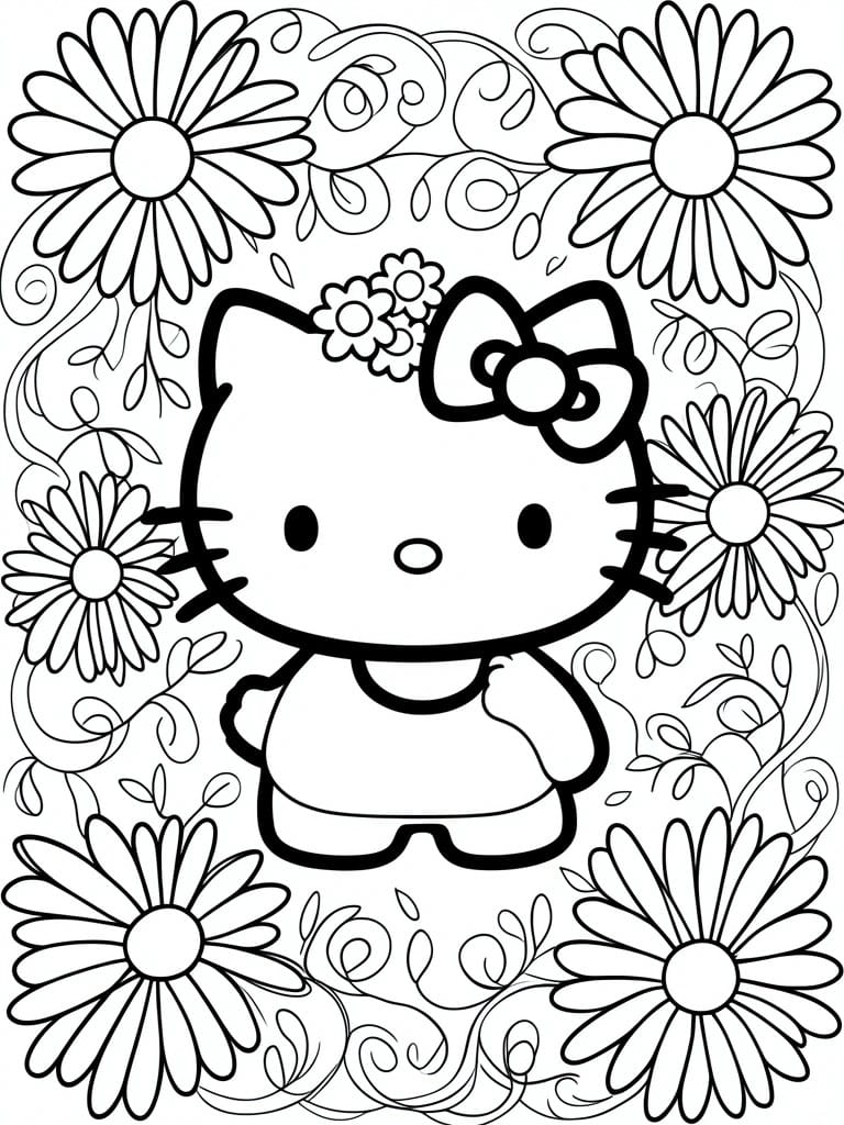 Hello Kitty with bow amid daisies and swirls, black-and-white line art coloring page.