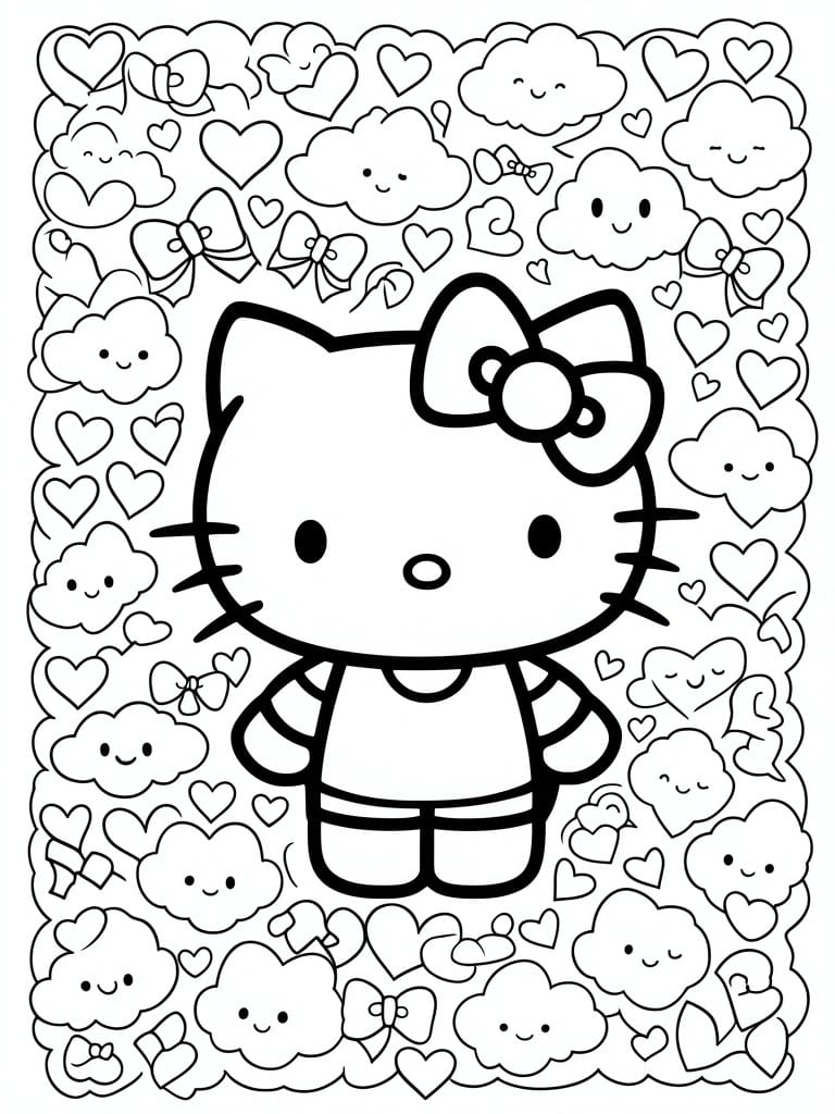 A black and white coloring page of Hello Kitty surrounded by clouds, hearts, and bows.