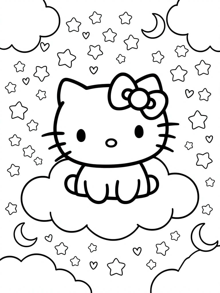 Hello Kitty on a cloud amid stars, hearts, and moons in a coloring page