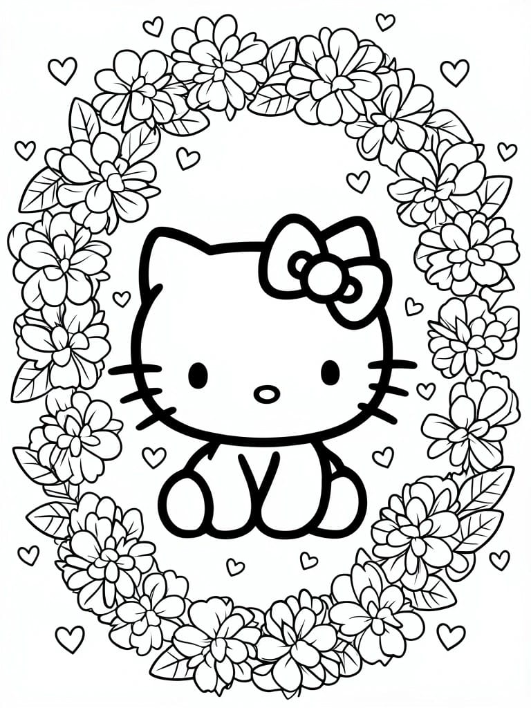 Black and white line drawing of Hello Kitty centered inside a circle of flowers and hearts.