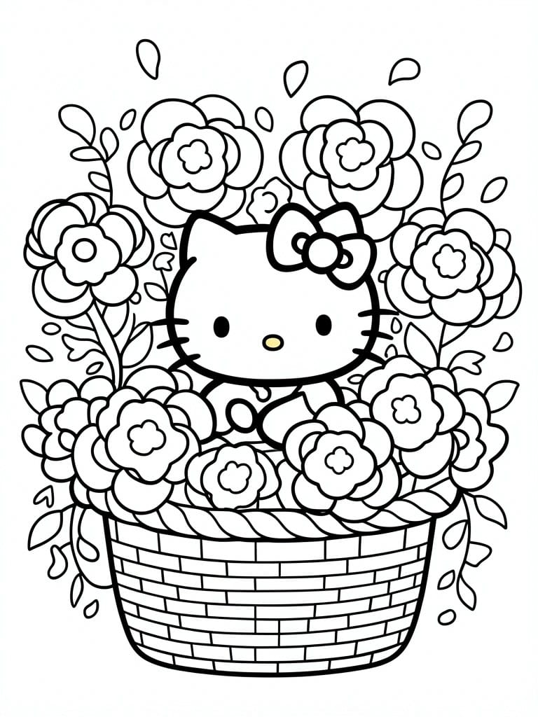 Black and white line drawing of Hello Kitty in a flower-filled basket with scattered petals around the edges.