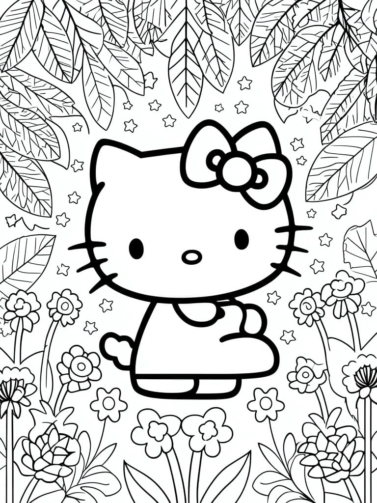 Black and white line art coloring page of Hello Kitty standing in the center with large leaves above, flowers below, and stars scattered around.
