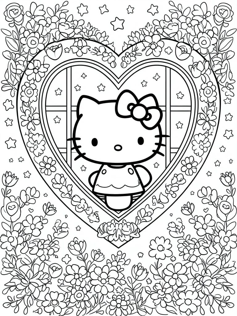 A black and white coloring page showing Hello Kitty centered inside a heart frame with flowers and stars around the border.