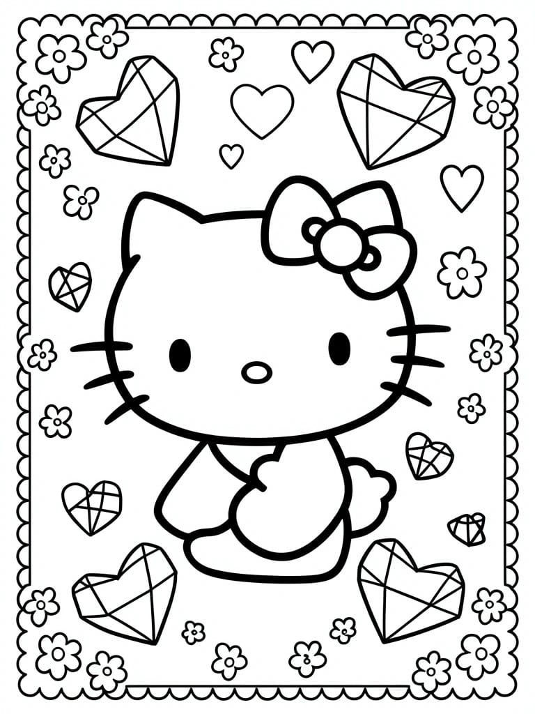 Black and white coloring page of Hello Kitty surrounded by hearts, flowers, and gem-patterned heart shapes.