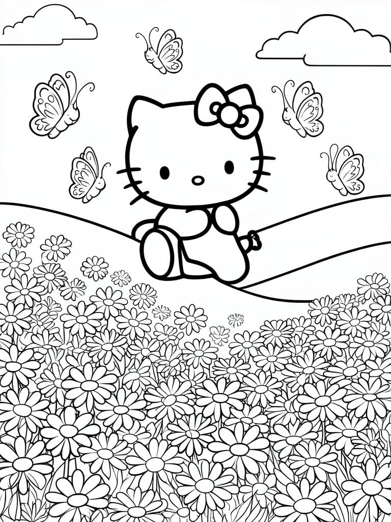 Hello Kitty sits in a daisy field surrounded by butterflies and clouds