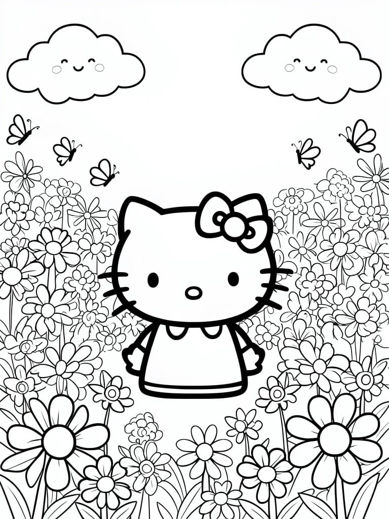 Hello Kitty in a flower field with butterflies and smiling clouds, line art coloring page.