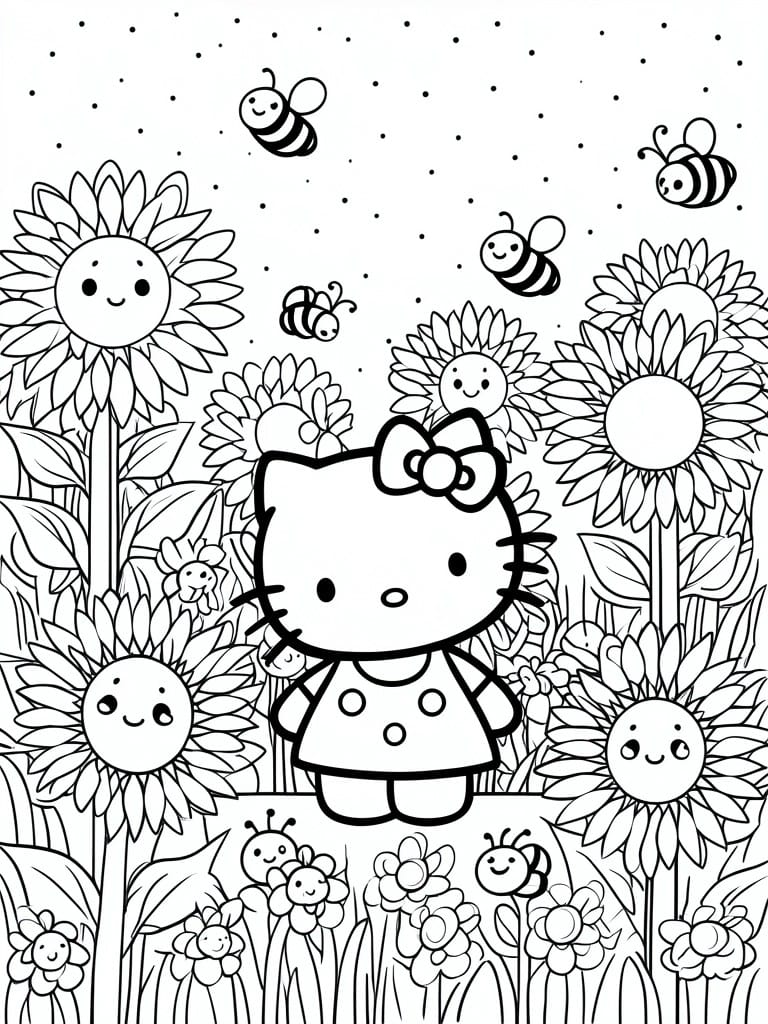Hello Kitty in polka-dot dress amid smiling sunflowers and flying bees