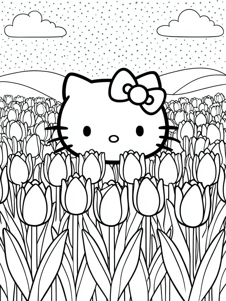 Hello Kitty peeking from tulip field under cloudy sky, line art coloring page.