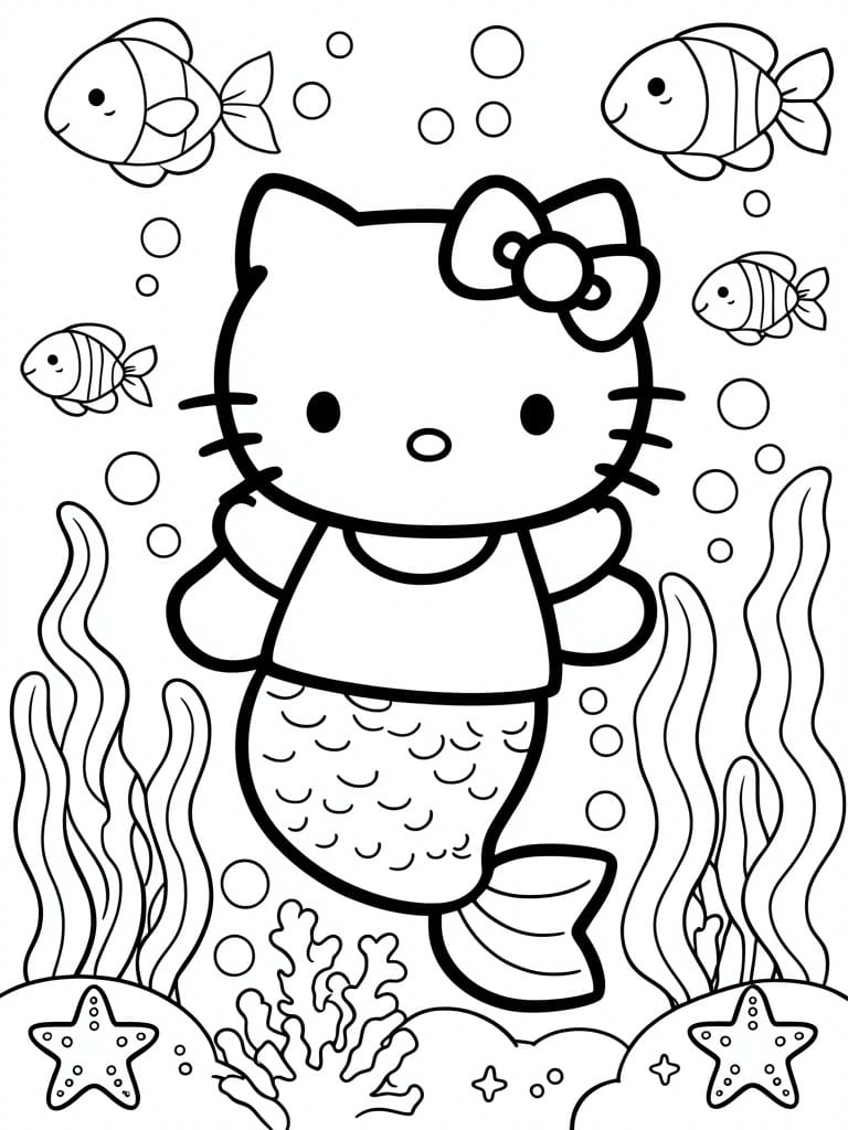 Black and white line art of Hello Kitty as a mermaid with fish, bubbles, seaweed, and starfish.