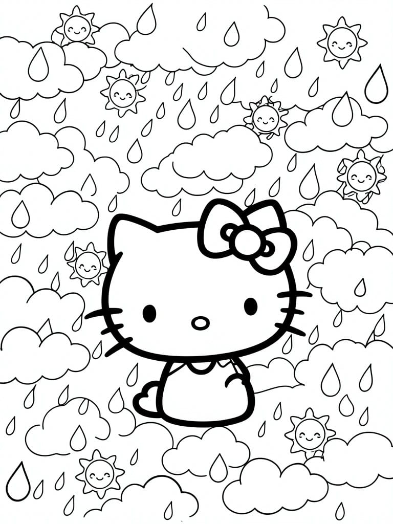 Hello Kitty coloring page with clouds, smiling suns, and falling raindrops