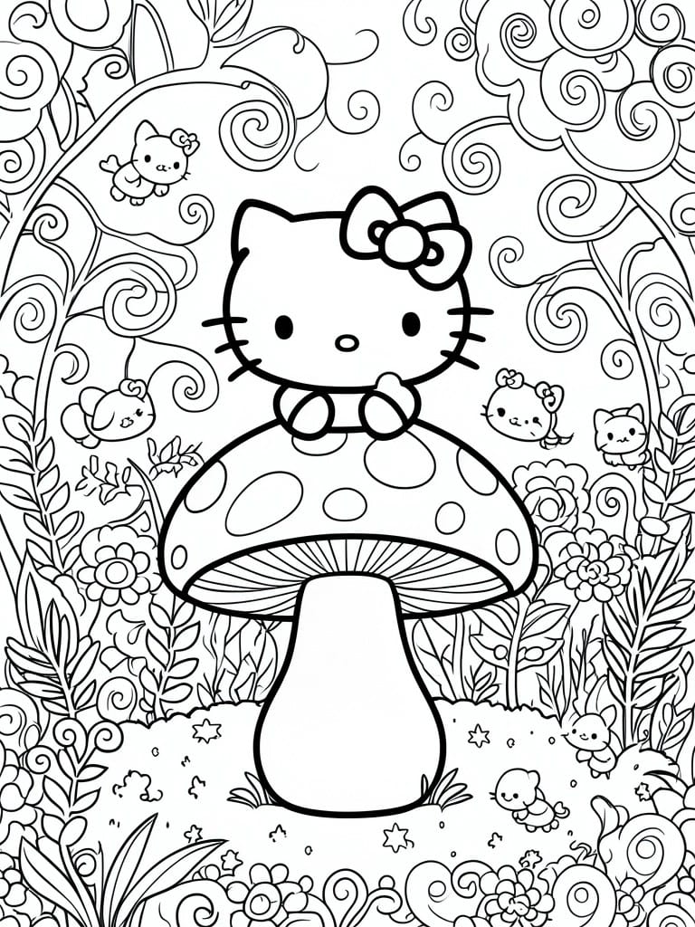 Hello Kitty on spotted mushroom amid flowers and cute animals in forest