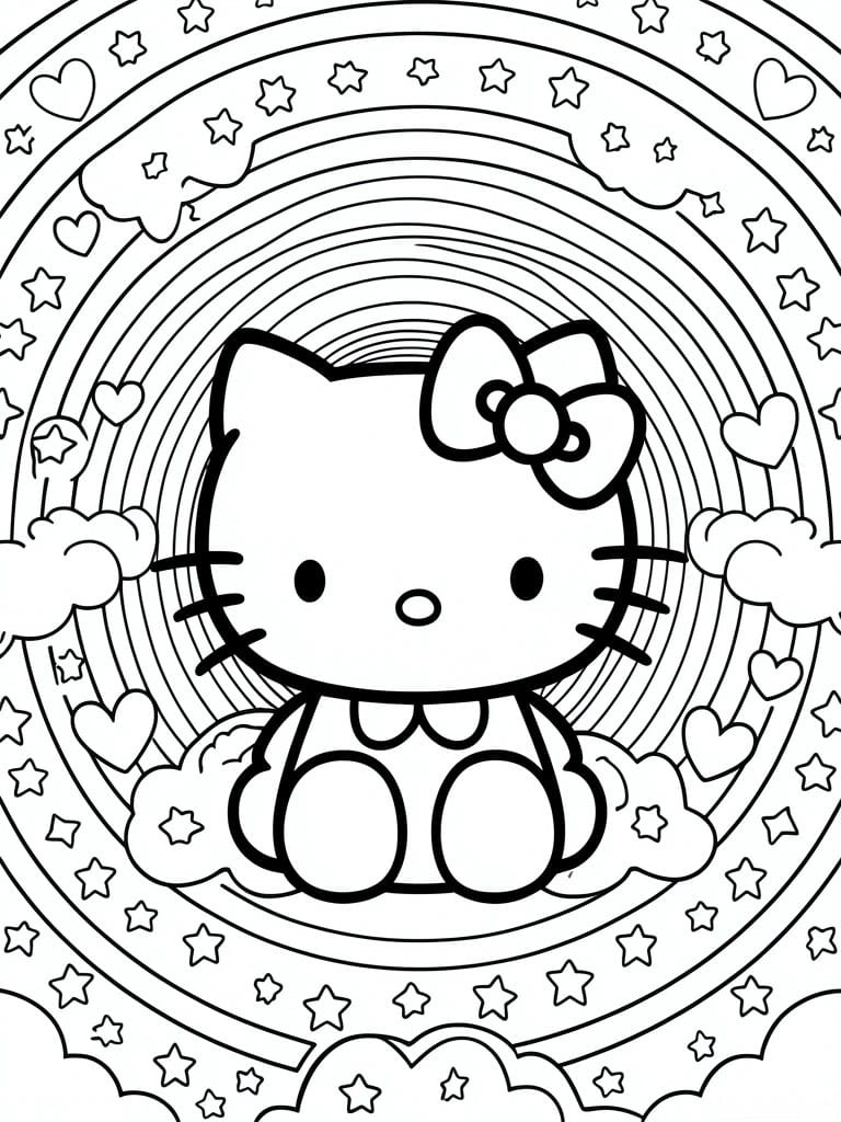 Hello Kitty with bow amid rainbows, stars, hearts, and clouds in line art.
