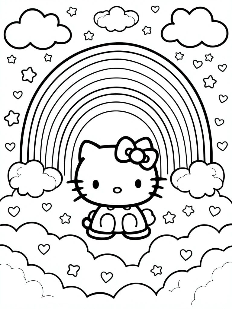 Hello Kitty under rainbow amid clouds, stars, and hearts in coloring page style
