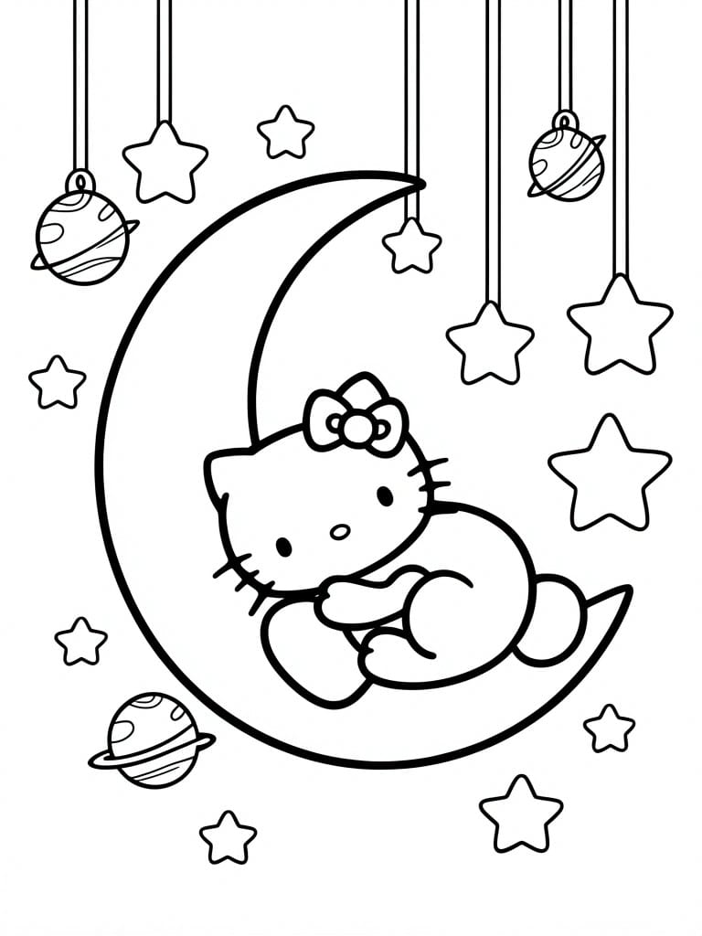 Black and white line art of Hello Kitty lying on a crescent moon with stars and planets around it.