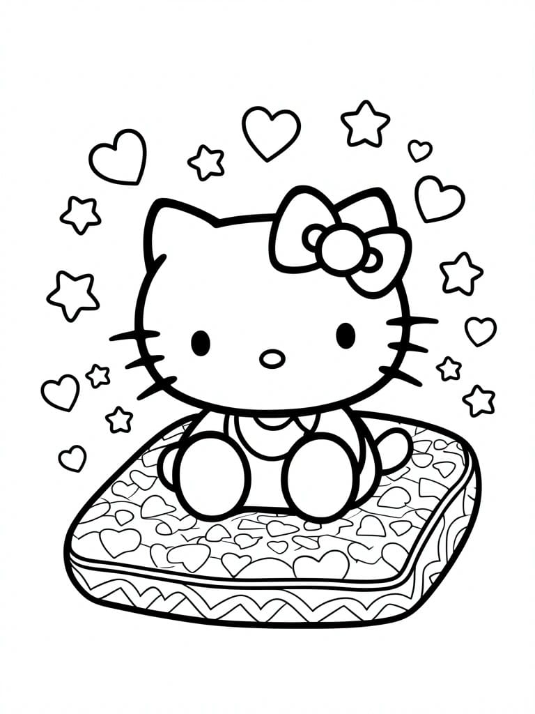 Hello Kitty sitting on a patterned cushion surrounded by hearts and stars.