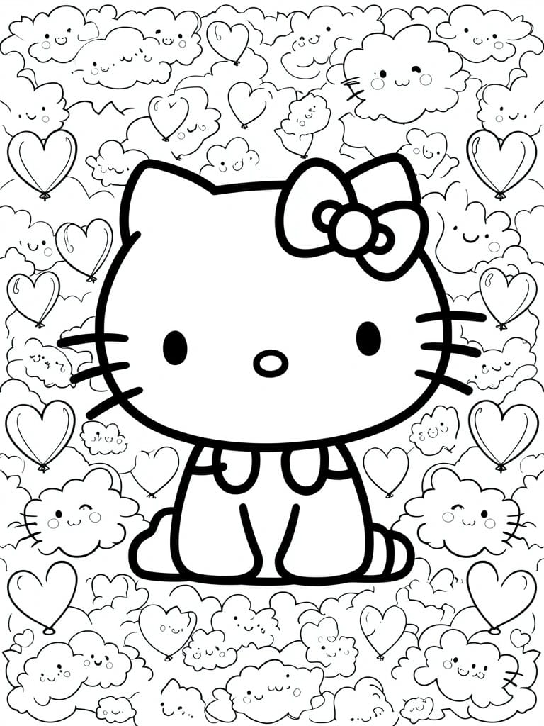 Black and white coloring page showing Hello Kitty sitting in the center with clouds that have faces, heart balloons, and more clouds filling the background.