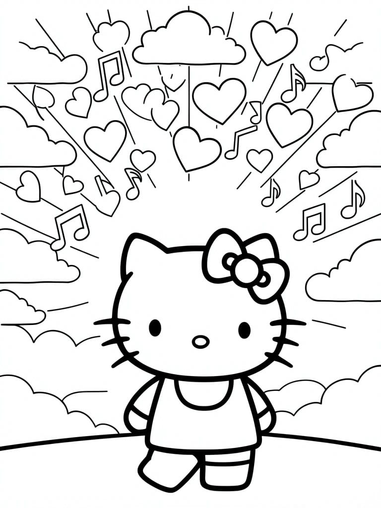 Hello Kitty line art with hearts, notes, and clouds in coloring page style