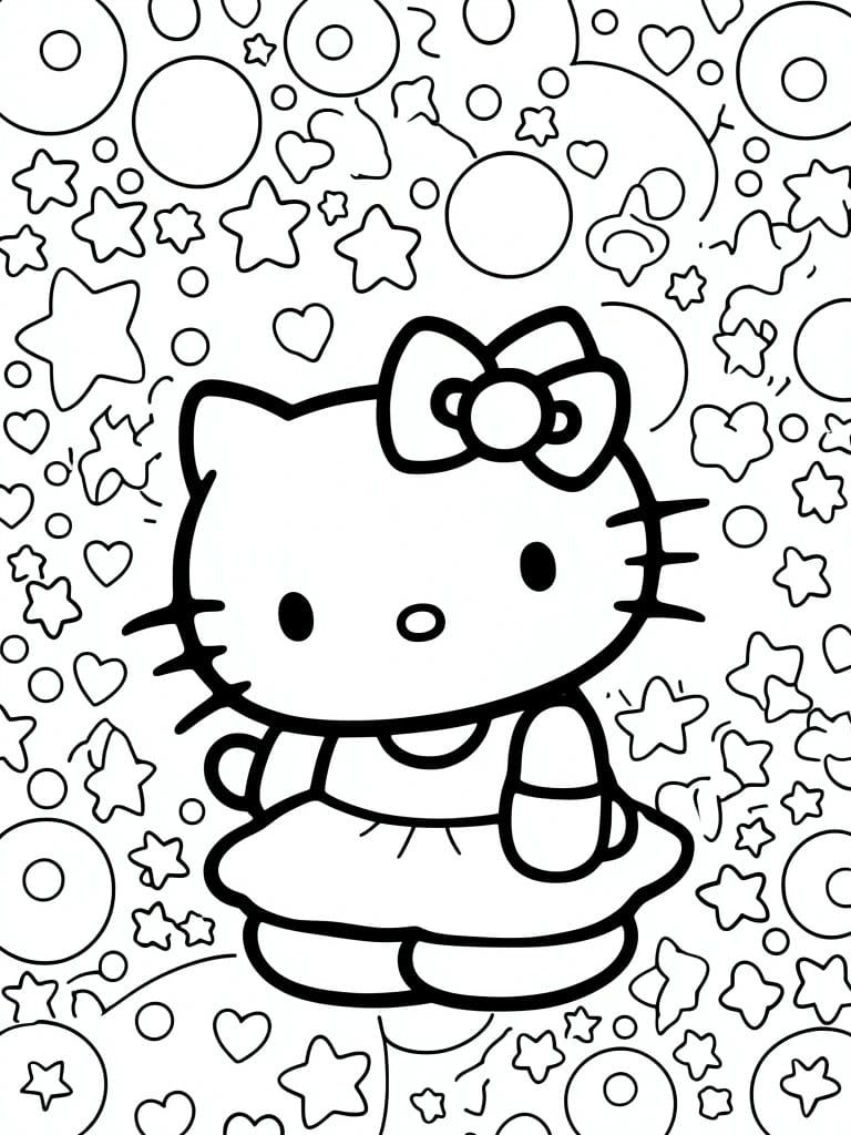Hello Kitty coloring page with bow-wearing cat amid stars hearts and circles