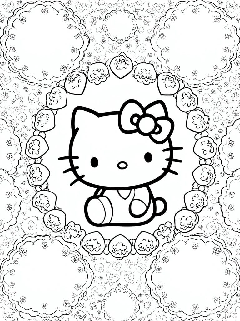 A black and white Hello Kitty coloring page with the character in the center surrounded by strawberry shapes, large circular frames, and scattered heart and flower patterns.