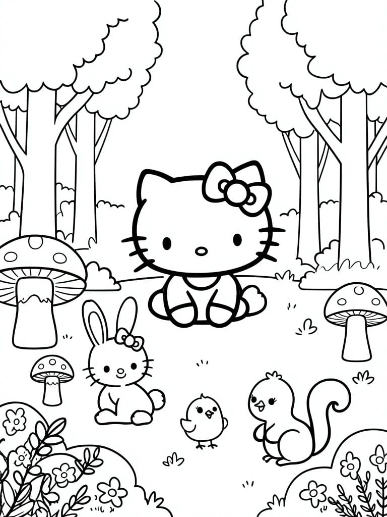 Hello Kitty in forest with bunny, chick, squirrel, mushrooms and trees.