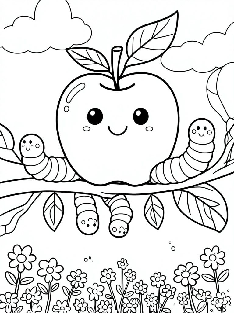 Coloring page of smiling apple with caterpillars on branches and flowers below.