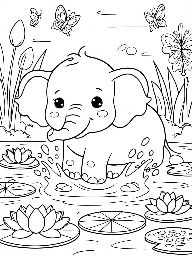 A black and white line drawing of a baby elephant in a pond with lotus flowers, lily pads, butterflies, and water splashes.