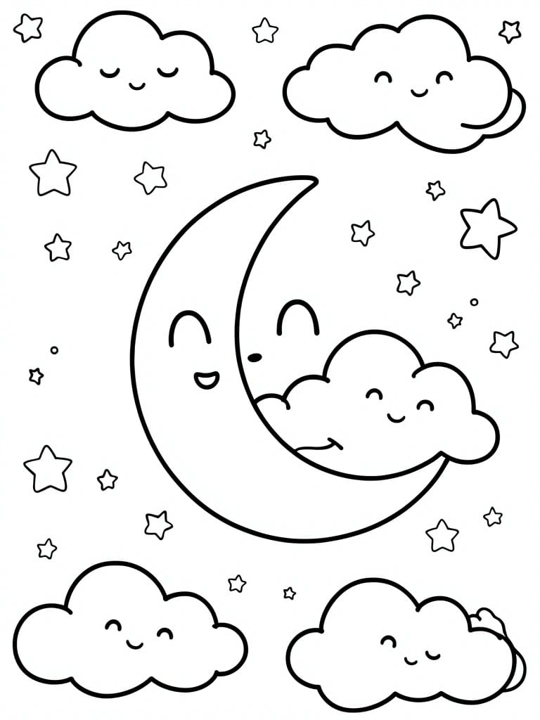 A black and white coloring page of a smiling crescent moon with clouds and stars scattered around it.