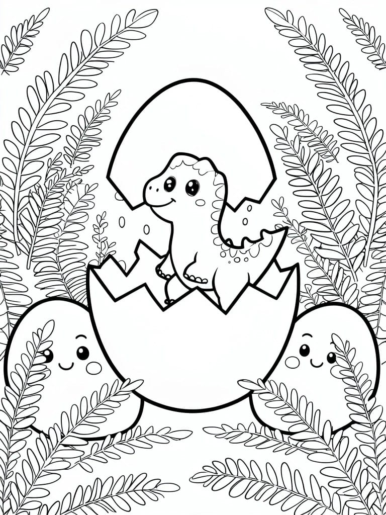 A coloring page shows a large cracked egg with a baby dinosaur emerging in the center, two smaller smiling eggs on the sides, and ferns surrounding the scene.