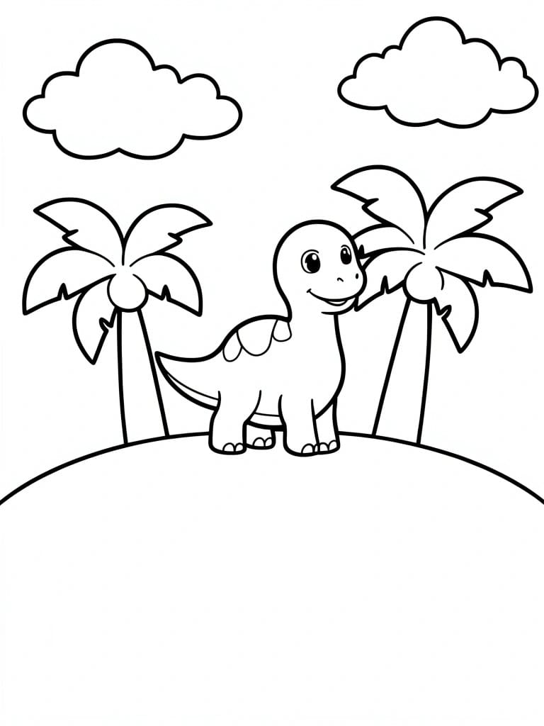 A black and white line drawing of a smiling dinosaur standing between two palm trees with clouds in the sky.