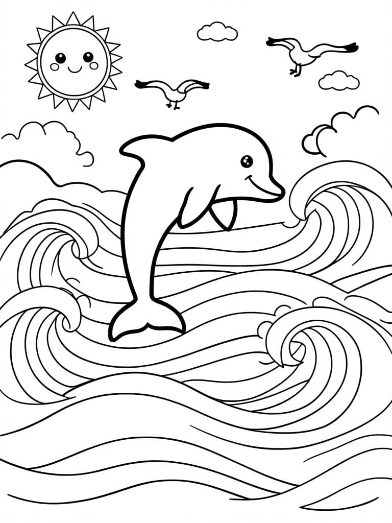 Cartoon dolphin leaping through ocean waves under smiling sun with birds and clouds