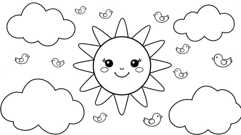 23 Adorable Toddler Coloring Pages Made for Big Crayons and Short Attention Spans Cartoon sun with smiling face surrounded by birds and fluffy clouds.