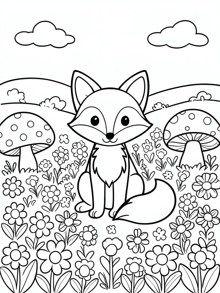 Coloring page of cute fox amid flowers, mushrooms, hills, and clouds