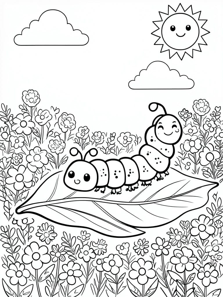 Black and white coloring page of smiling caterpillars on a leaf amid flowers, sun, and clouds.