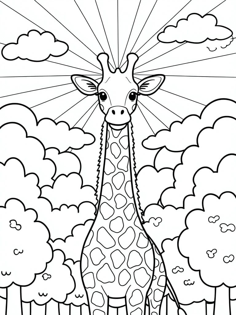 Coloring page of smiling giraffe with sun rays, clouds, and trees.