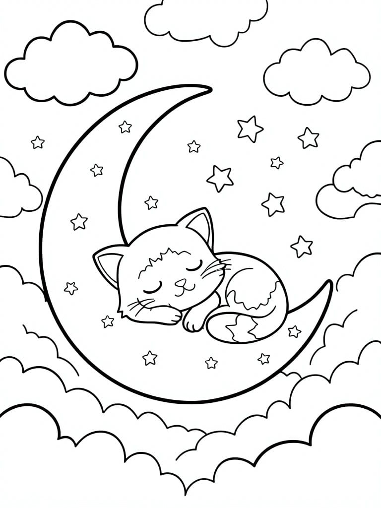 Sleeping cat curled on crescent moon amid stars and fluffy clouds in line art