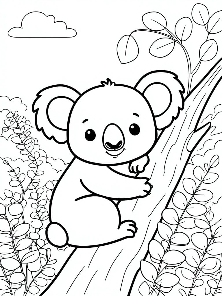 Black and white cartoon koala climbing tree branch amid leafy foliage