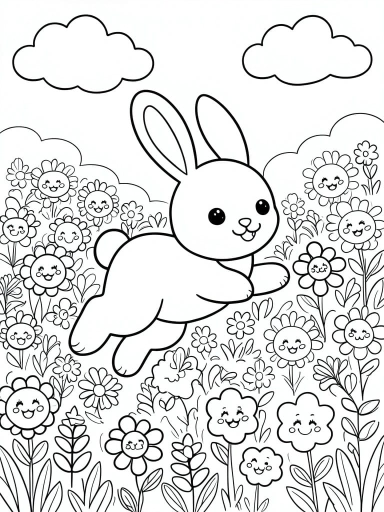 Cheerful bunny leaping among smiling flowers and clouds in line art style