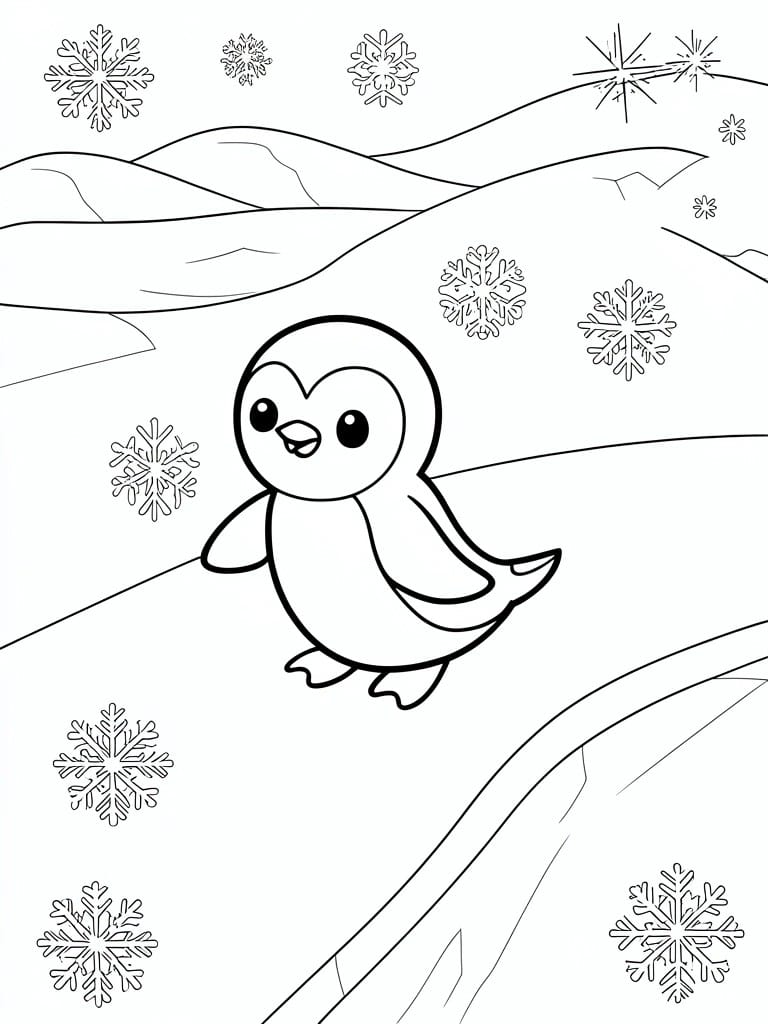 Cute cartoon penguin sliding amid snowflakes on snowy hills in line art.
