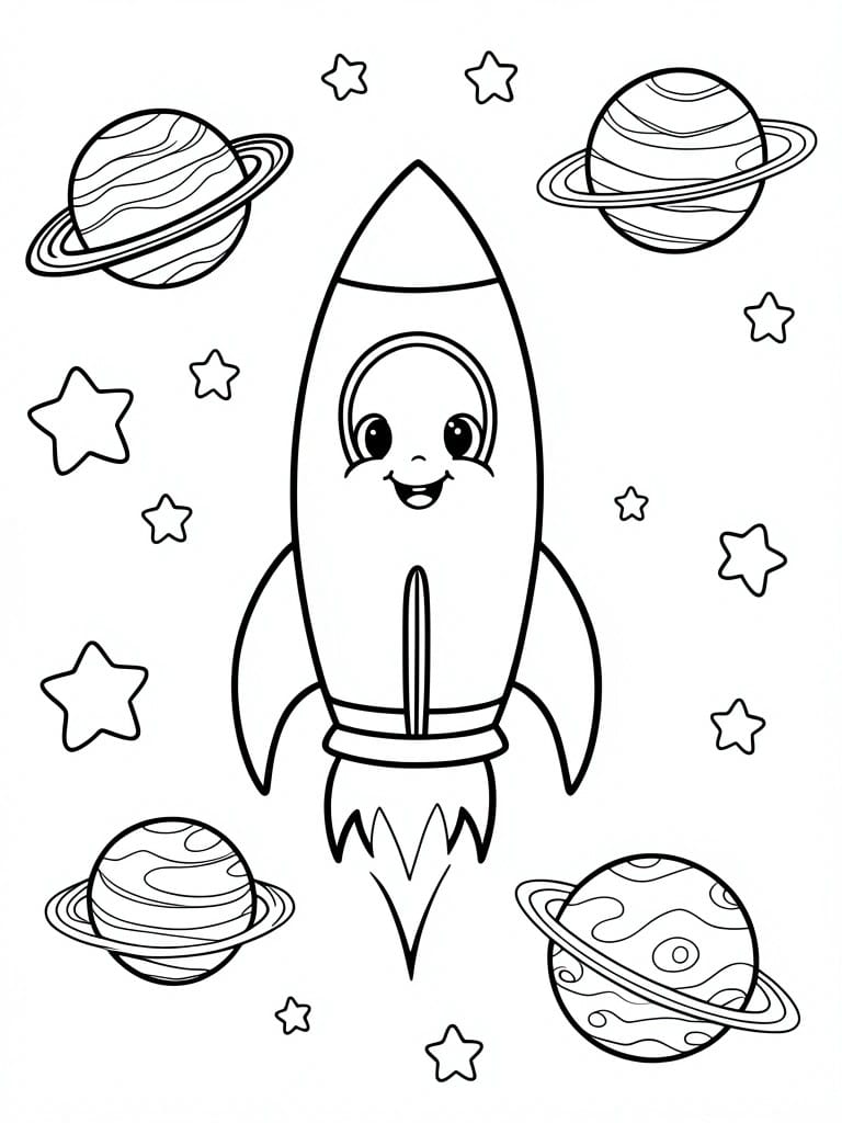 Cartoon rocket with smiling face amid stars and ringed planets.