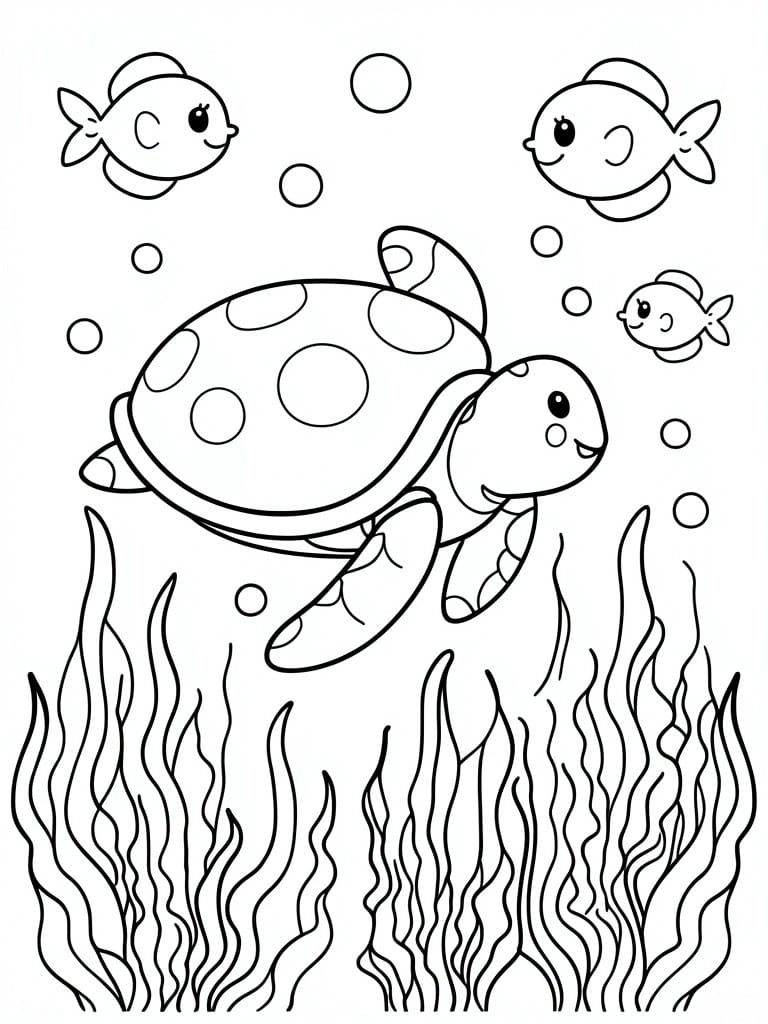 A black and white line drawing of a sea turtle swimming with fish, bubbles, and seaweed.
