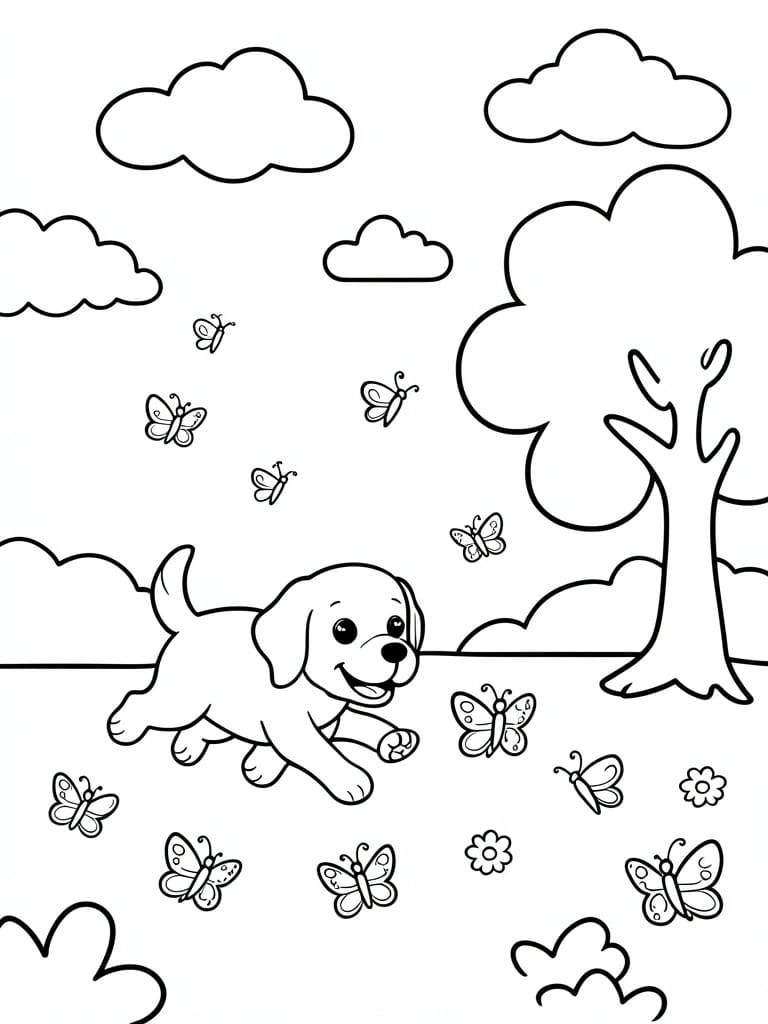A black and white line drawing shows a puppy running outdoors with butterflies, a tree, clouds, and flowers.