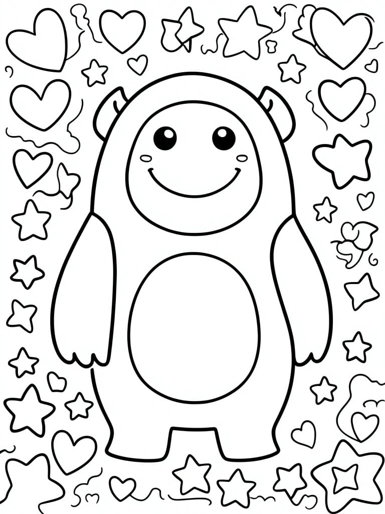 A simple line drawing of a smiling monster surrounded by hearts and stars of various sizes.