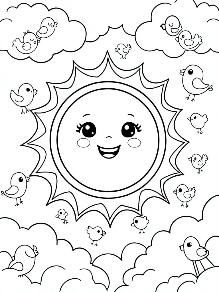 Cartoon sun with smiling face surrounded by birds and fluffy clouds.