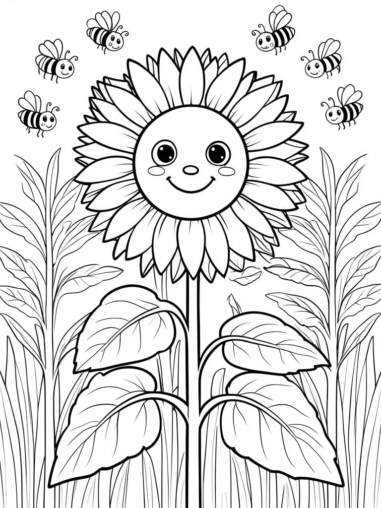 A black and white line drawing shows a large sunflower with a smiling face, several bees with faces around it, and leaves on stems at the bottom.